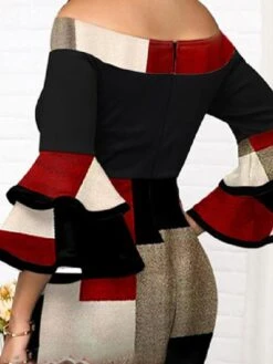 Women‘s Plus Size Curve Party Dress Plaid Off Shoulder Print 3/4 Length Sleeve Spring Fall Elegant Mature Midi Dress Formal Work Dress -HAYz Clothing Shop wndavl1649309833639