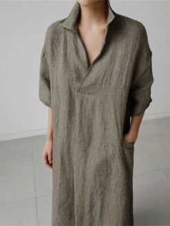 Women's Casual Dress Cotton Linen Dress Swing Dress Maxi Long Dress Cotton Blend Basic Casual Outdoor Daily V Neck Pocket 3/4 Length Sleeve Summer Spring Fall 2023 Loose Fit Blue Green Apricot Plain -HAYz Clothing Shop wnfxow1679554395072