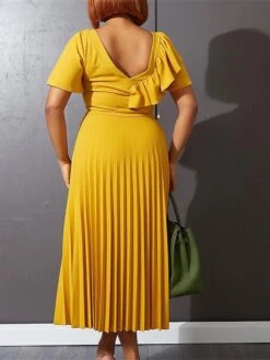Women‘s Plus Size Curve Party Dress Solid Color V Neck Ruched Short Sleeve Fall Spring Work Prom Dress Maxi Long Dress Party Holiday Dress Ruffle -HAYz Clothing Shop wngpsk1648636995827