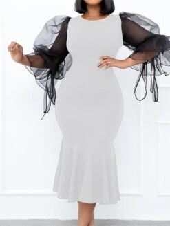 Women‘s Plus Size Curve Party Dress Color Block Crew Neck Mesh 3/4 Length Sleeve Spring Fall Prom Dress Midi Dress Party Going Out Dress -HAYz Clothing Shop wnhial1656067338155