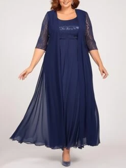 Women's Plus Size Curve Two Piece Dress Set Party Dress Chiffon Dress Party Wedding Guest Fashion Elegant Lace Long Dress Maxi Dress Crew Neck 3/4 Length Sleeve Plain Navy Blue Spring Fall L XL