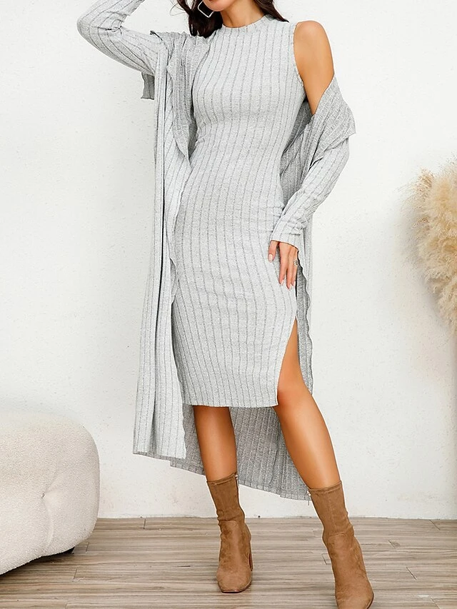 Women's Two Piece Dress Set Casual Dress Sheath Dress Home Daily Fashion Streetwear Split Midi Dress Stand Collar Long Sleeve Plain Slim Black Army Green Gray Fall Winter S M L XL XXL 5 Women's Two Piece Dress Set Casual Dress Sheath Dress Home Daily Fashion Streetwear Split Midi Dress Stand Collar Long Sleeve Plain Slim Black Army Green Gray Fall Winter S M L XL XXL - Image 5