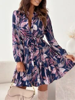 Women's Shirt Dress Casual Dress Swing Dress Mini Dress Outdoor Daily Vacation Polyester Fashion Casual Shirt Collar Lace Up Pocket Long Sleeve Spring Fall Winter 2023 Loose Fit Blue Brown Apricot -HAYz Clothing Shop wnzqvf1696846052312