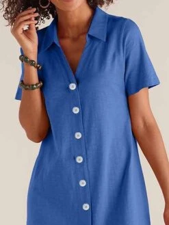 Women's Shirt Dress Casual Dress Cotton Linen Dress Midi Dress Polyester Classic Casual Outdoor Daily Vacation Split Neck Button Short Sleeve Summer Spring 2023 Loose Fit Black Blue Plain S M L XL 2XL -HAYz Clothing Shop wouoip1691040684798