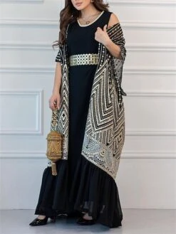 Women's Two Piece Dress Set Party Dress Sheath Dress Party Cocktail Party Fashion Party Lace Up Ruched Long Dress Maxi Dress Crew Neck Short Sleeve Print Loose Fit Black White Green Fall Winter S M L -HAYz Clothing Shop wozxed1696691502254