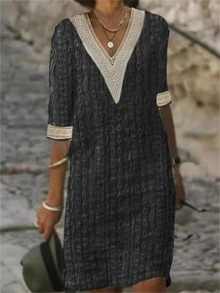 Women's Casual Dress Cotton Linen Dress Lace Dress Midi Dress Lace Fashion Modern Outdoor Daily Vacation V Neck Lace Half Sleeve Summer Spring Fall 2023 Loose Fit Black White Apricot Plain S M L XL -HAYz Clothing Shop wpauvs1689932944947