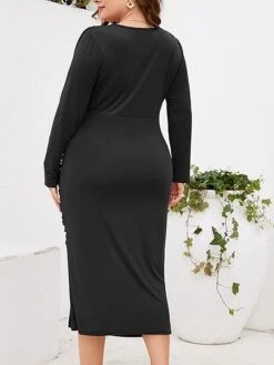 Women‘s Plus Size Curve Work Dress Sheath Dress Semi Formal Dress Fashion Midi Dress Ruched Split V Neck Long Sleeve Plain Regular Fit Black Wine Purple Fall Winter L XL XXL 3XL 4XL -HAYz Clothing Shop wpezmp1691401365643