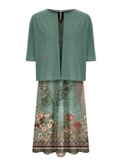 Women's Two Piece Dress Set Casual Dress Shift Dress Daily Going Out Fashion Casual Pocket Print Midi Dress V Neck 3/4 Length Sleeve Floral Loose Fit Navy Blue Royal Blue Dark Green Summer Spring S M -HAYz Clothing Shop wpgzfx1687327198355