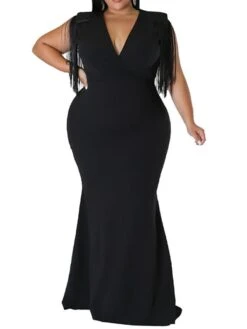 Women‘s Plus Size Curve Party Dress Solid Color V Neck Tassel Fringe Sleeveless Spring Summer Formal Maxi Long Dress Party Date Dress -HAYz Clothing Shop wqbprf1659936863910