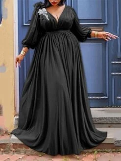 Women‘s Plus Size Curve Party Dress Solid Color V Neck Ruched 3/4 Length Sleeve Spring Fall Elegant Formal Prom Dress Maxi Long Dress Party Back To School Dress Homecoming Dress -HAYz Clothing Shop wqcxjl1659335563031