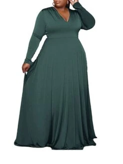 Women‘s Plus Size Curve Party Dress Solid Color V Neck Long Sleeve Winter Fall Elegant Maxi Long Dress Formal Party Dress -HAYz Clothing Shop wqdxru1655707842147