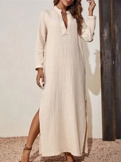Women's Casual Dress Cotton Linen Dress Maxi Long Dress Linen / Cotton Blend Basic Classic Outdoor Daily Vacation Split Neck Split 3/4 Length Sleeve Summer Spring Fall 2023 Loose Fit Apricot Plain XS -HAYz Clothing Shop wqeftm1690268527395