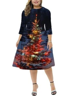 Women‘s Plus Size Christmas Dress Work Dress Santa Claus 3/4 Length Sleeve Winter Fall Midi Dress Christmas Dress Work Dress -HAYz Clothing Shop wqiyuz1667812166374