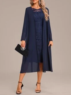 Women's Two Piece Dress Set Party Dress Lace Dress Party Outdoor Fashion Streetwear Lace Midi Dress Off Shoulder Long Sleeve Plain Regular Fit Navy Blue Fall Winter S M L XL XXL -HAYz Clothing Shop wqopsy1697450717934