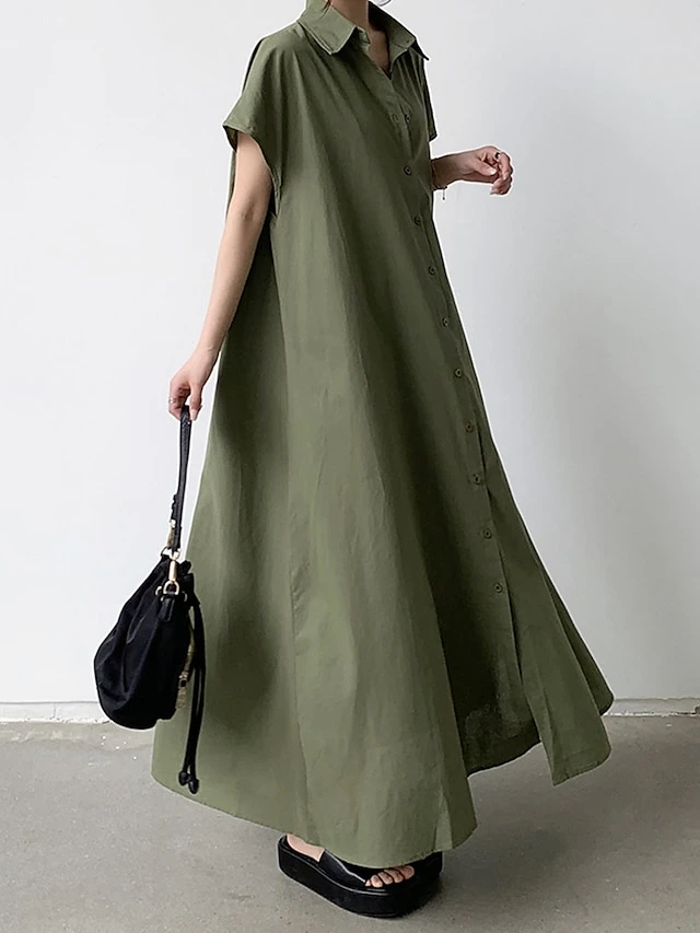 Women's Shirt Dress Casual Dress Maxi Long Dress Outdoor Daily Cotton Linen Basic Classic Shirt Collar Button Short Sleeve Summer Spring 2023 Loose Fit Navy Blue Brown Green Pure Color S M L XL XXL 3 Women's Shirt Dress Casual Dress Maxi Long Dress Outdoor Daily Cotton Linen Basic Classic Shirt Collar Button Short Sleeve Summer Spring 2023 Loose Fit Navy Blue Brown Green Pure Color S M L XL XXL - Image 3