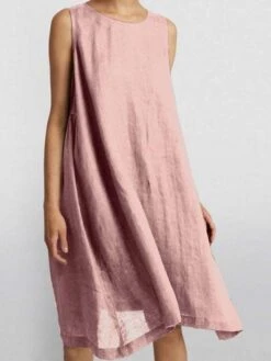 Women's Casual Dress Cotton Linen Dress Swing Dress Midi Dress Cotton Blend Basic Casual Outdoor Daily Crew Neck Ruched Sleeveless Summer Spring 2023 Loose Fit Pink Blue Brown Pure Color S M L XL 2XL -HAYz Clothing Shop wrnnyo1677657846876