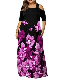 Women‘s Plus Size Curve Holiday Dress Floral Boat Neck Print Short Sleeve Fall Spring Casual Maxi Long Dress Date Vacation Dress Graphic