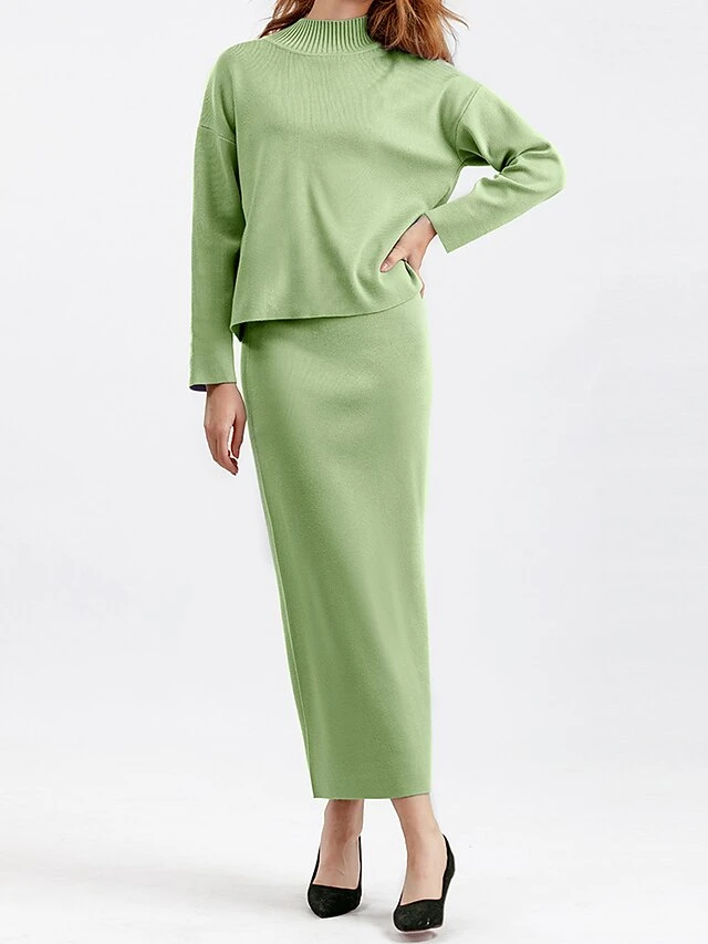 Women's Two Piece Dress Set Casual Dress Skirt Set Outdoor Daily Fashion Streetwear Split Ribbed Midi Dress Turtleneck Long Sleeve Plain Loose Fit Black Light Green Blue Fall One-Size 6 Women's Two Piece Dress Set Casual Dress Skirt Set Outdoor Daily Fashion Streetwear Split Ribbed Midi Dress Turtleneck Long Sleeve Plain Loose Fit Black Light Green Blue Fall One-Size - Image 6