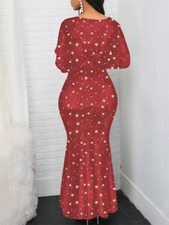 Women‘s Plus Size Curve Party Dress Print V Neck Ruched Long Sleeve Fall Winter Prom Dress Maxi Long Dress Party Daily Dress -HAYz Clothing Shop wrxhff1697527851152