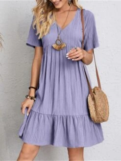 Women's Casual Dress Cotton Linen Dress Swing Dress Mini Dress Polyester Basic Classic Outdoor Daily Vacation V Neck Ruffle Short Sleeve Summer Spring 2023 Regular Fit Black Pink Red Plain S M L XL -HAYz Clothing Shop wrycip1690357009098