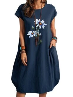 Women's Cotton Linen Dress Midi Dress Linen Cotton Blend Casual Outdoor Daily Vacation Crew Neck Pocket Rolled Cuff Short Sleeve Summer Spring 2023 Loose Fit Black White Navy Blue Floral S M L XL XXL -HAYz Clothing Shop wsbnqy1654165015590