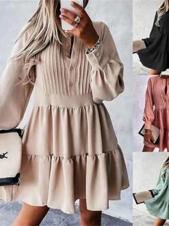 Women's Shirt Dress Casual Dress Mini Dress Outdoor Daily Date Polyester Fashion Modern Crew Neck Ruched Ruffle Long Sleeve Fall Winter 2023 Loose Fit Black Pink Green Plain S M L XL