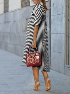 Women's Shirt Dress Casual Dress Shift Dress Midi Dress Polyester Classic Casual Outdoor Daily Vacation Shirt Collar Button Asymmetric Short Sleeve Summer Spring 2023 Regular Fit Black Red Blue -HAYz Clothing Shop wsnusf1681376182384