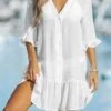 Women's Shirt Dress Casual Dress Mini Dress Outdoor Daily Polyester Hot Basic Shirt Collar Ruffle Button Half Sleeve Summer Spring 2023 Loose Fit Black White Apricot Plain S M L XL 2XL