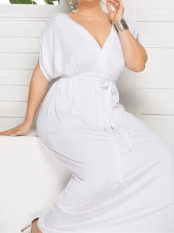 Women's Plus Size Curve Party Dress Sheath Dress Formal Dress Maxi Dress White Wine Royal Blue Short Sleeve Pure Color Lace Up Spring Fall Autumn V Neck Fashion Birthday Wedding Guest Vacation -HAYz Clothing Shop wtdkpo1692178810139