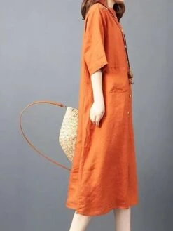 Women's Shirt Dress Casual Dress Cotton Dress Midi Dress Cotton Basic Classic Outdoor Daily Vacation Shirt Collar Button Pocket Half Sleeve Spring Fall Winter 2023 Loose Fit ArmyGreen Orange Plain S -HAYz Clothing Shop wtdooh1692695052797