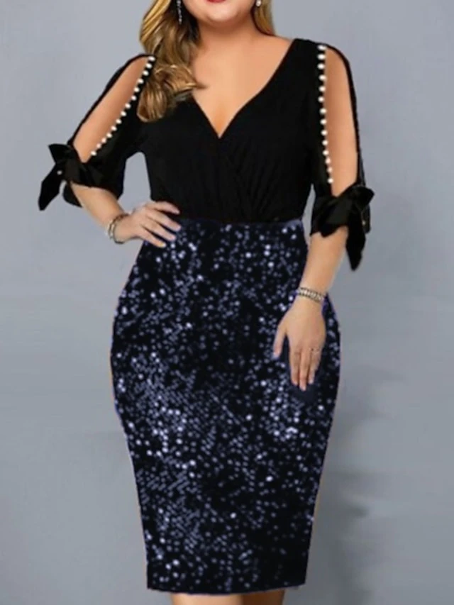 Women‘s Plus Size Curve Party Dress Solid Color V Neck Sequins Half Sleeve Spring Fall Stylish Sequins Prom Dress Midi Dress Party Club Dress Sheath Dress Sequin Dress 5 Women‘s Plus Size Curve Party Dress Solid Color V Neck Sequins Half Sleeve Spring Fall Stylish Sequins Prom Dress Midi Dress Party Club Dress Sheath Dress Sequin Dress - Image 5