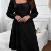 Women‘s Plus Size Curve Party Dress Cocktail Dress Wedding Guest Dress Black Dress Midi Dress Long Sleeve Pure Color Ruched Spring Fall Winter Square Neck Fashion Birthday Wedding Guest Vacation
