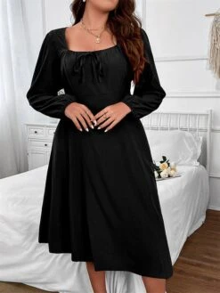 Women‘s Plus Size Curve Party Dress Cocktail Dress Wedding Guest Dress Black Dress Midi Dress Long Sleeve Pure Color Ruched Spring Fall Winter Square Neck Fashion Birthday Wedding Guest Vacation