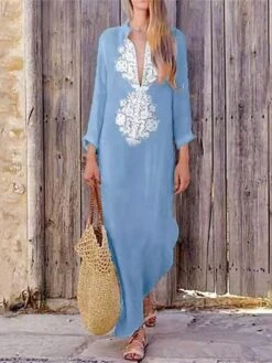 Women's Casual Dress Cotton Linen Dress Shift Dress Maxi Long Dress Cotton Blend Basic Casual Outdoor Daily Vacation V Neck Print Long Sleeve Summer Spring Fall 2023 Loose Fit Yellow Sky Blue Khaki -HAYz Clothing Shop wtuzlw1687851572400