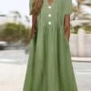 Women's Casual Dress Cotton Linen Dress A Line Dress Midi Dress Cotton Blend Fashion Modern Outdoor Daily Vacation Split Neck Button Pocket Short Sleeve Summer Spring 2023 Loose Fit Green Plain S M L