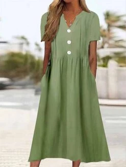 Women's Casual Dress Cotton Linen Dress A Line Dress Midi Dress Cotton Blend Fashion Modern Outdoor Daily Vacation Split Neck Button Pocket Short Sleeve Summer Spring 2023 Loose Fit Green Plain S M L