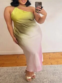 Women's Plus Size Curve Party Dress Sheath Dress Gradient Long Dress Maxi Dress Sleeveless Print One Shoulder Fashion Party Green Fall Winter L XL XXL 3XL 4XL