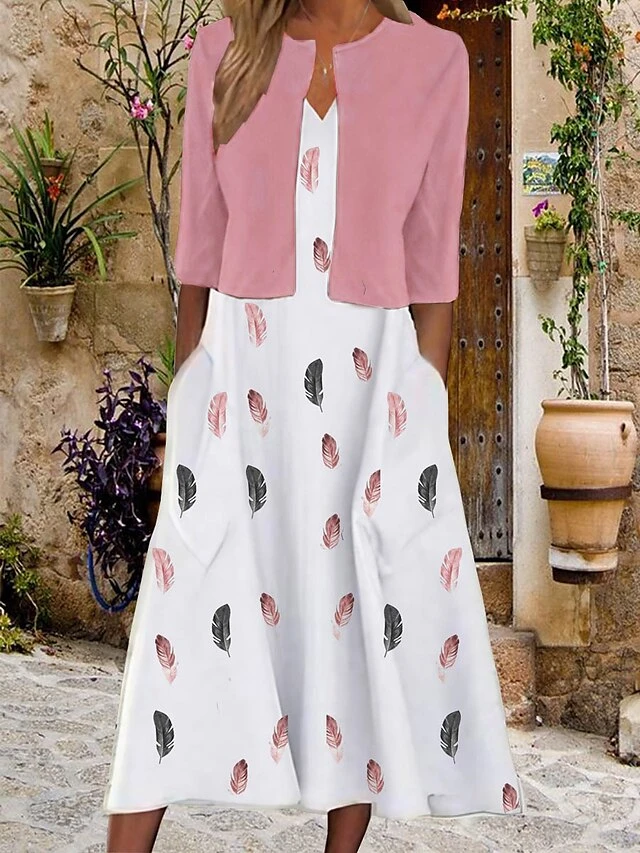 Women's Two Piece Dress Set Casual Dress Tank Dress Outdoor Daily Vintage Ethnic Pocket Print Midi Dress V Neck 3/4 Length Sleeve Floral Print Loose Fit Black White Pink Summer Spring S M L XL XXL 2 Women's Two Piece Dress Set Casual Dress Tank Dress Outdoor Daily Vintage Ethnic Pocket Print Midi Dress V Neck 3/4 Length Sleeve Floral Print Loose Fit Black White Pink Summer Spring S M L XL XXL - Image 2
