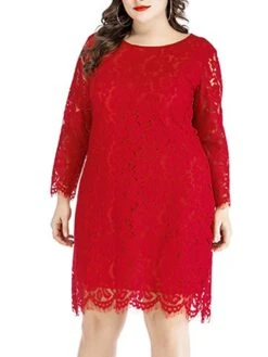 Women‘s Plus Size Curve Lace Dress Work Dress A Line Dress Solid Color Midi Dress Long Sleeve Lace Crew Neck Fashion Office Black White Spring Fall L XL XXL 3XL 4XL