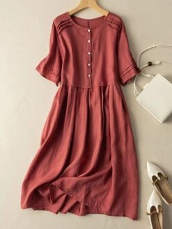 Women's Casual Dress Cotton Linen Dress Midi Dress Linen / Cotton Blend Fashion Classic Style Outdoor Daily Holiday Crew Neck Button Short Sleeve Fall Winter Autumn 2023 Loose Fit Pink Wine Green -HAYz Clothing Shop wvvqng1694418667193
