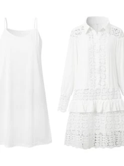 Women's Shirt Dress Casual Dress Cotton Linen Dress Mini Dress Lace Basic Classic Outdoor Daily Vacation Shirt Collar Lace Patchwork Long Sleeve Summer Spring Fall 2023 Loose Fit White Sky Blue Plain -HAYz Clothing Shop wwbjrj1684138259695