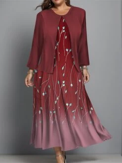 Women's Plus Size Two Piece Dress Set Casual Dress Swing Dress Outdoor Office Fashion Streetwear Print Midi Dress Crew Neck Long Sleeve Floral Ombre Regular Fit Wine Blue Green Fall Winter L XL XXL -HAYz Clothing Shop wwfzwn1697444372969