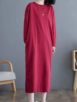 Women's Casual Dress Cotton Linen Dress T Shirt Dress Tee Dress Midi Dress Polyester Basic Classic Outdoor Daily Vacation Crew Neck Pocket 3/4 Length Sleeve Fall Autumn 2023 Loose Fit ArmyGreen Black -HAYz Clothing Shop wwsuen1693366307593