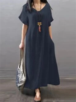 Women's Casual Dress Cotton Linen Dress A Line Dress Maxi Long Dress Cotton Blend Daily Classic Outdoor Daily Vacation V Neck Pocket Baggy Short Sleeve Summer Spring 2023 Loose Fit Red Blue Green -HAYz Clothing Shop wwuwtg1686559614296