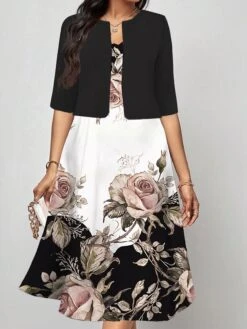 Women's Two Piece Dress Set Casual Dress Print Dress Outdoor Daily Fashion Elegant Print Midi Dress V Neck Half Sleeve Floral Color Block Regular Fit Black Blue Brown Fall Winter S M L XL XXL -HAYz Clothing Shop wwxuhk1693213964857