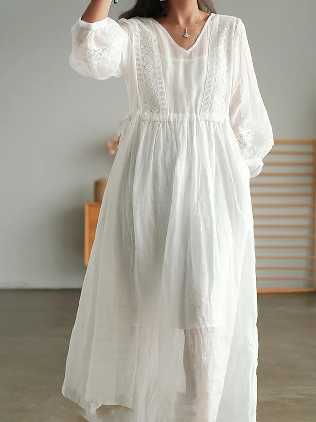 Women's Casual Dress Cotton Linen Dress Swing Dress Maxi Long Dress Cotton Blend Basic Modern Outdoor Daily Vacation V Neck Lace Patchwork Long Sleeve Summer Spring Fall 2023 Regular Fit White Plain 2 Women's Casual Dress Cotton Linen Dress Swing Dress Maxi Long Dress Cotton Blend Basic Modern Outdoor Daily Vacation V Neck Lace Patchwork Long Sleeve Summer Spring Fall 2023 Regular Fit White Plain - Image 2
