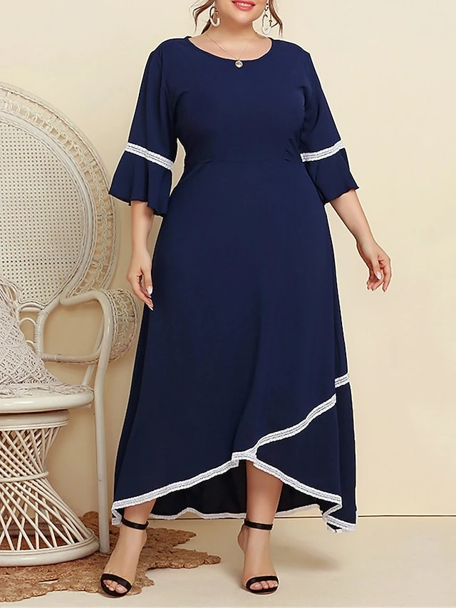 Women's Plus Size Curve Casual Dress Swing Dress A Line Dress Plain Long Dress Maxi Dress 3/4 Length Sleeve Patchwork Plus High Low Crew Neck Fashion Outdoor Dark Blue Fall Winter XL XXL 3XL 4XL 9 Women's Plus Size Curve Casual Dress Swing Dress A Line Dress Plain Long Dress Maxi Dress 3/4 Length Sleeve Patchwork Plus High Low Crew Neck Fashion Outdoor Dark Blue Fall Winter XL XXL 3XL 4XL - Image 9
