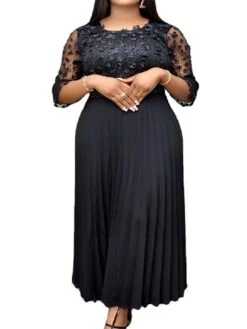 Women‘s Plus Size Curve Party Dress Solid Color Crew Neck Long Sleeve Fall Winter Formal Prom Dress Maxi Long Dress Party Date Dress -HAYz Clothing Shop wxwqyc1648869300024