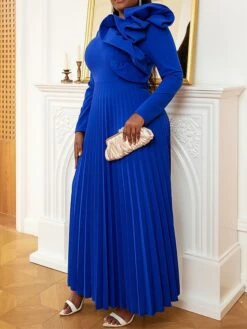 Women's Plus Size Curve Party Dress Work Dress Swing Dress Plain Long Dress Maxi Dress Long Sleeve Pleated Ruffle Crew Neck Fashion Party Blue Fall Winter XL XXL 3XL 4XL -HAYz Clothing Shop wxxgcn1694425970930