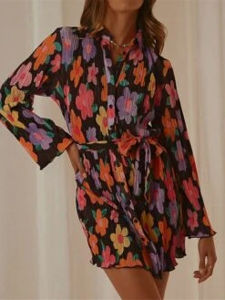 Women's Shirt Dress Casual Dress Mini Dress Outdoor Daily Vacation Polyester Fashion Modern Shirt Collar Lace Up Button Long Sleeve Spring Fall 2023 Loose Fit ArmyGreen Black Dark Pink Floral Pure